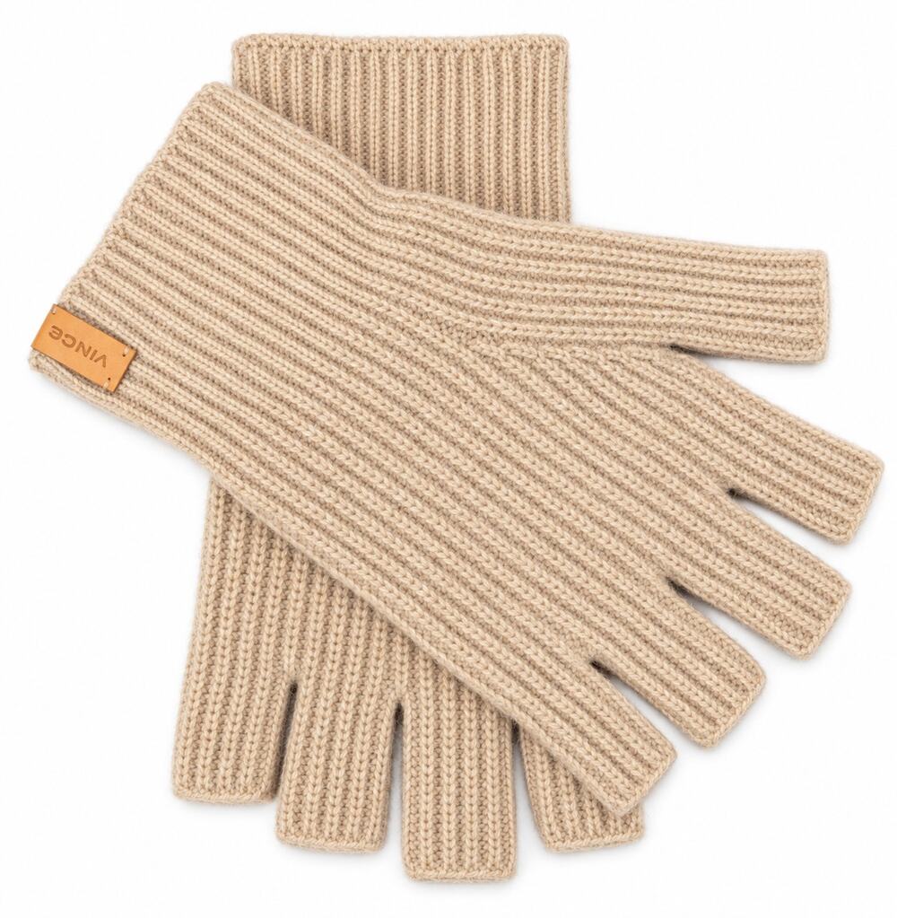 Vince Cashmere Fingerless Gloves Tan Rib Knit Quiet Luxury Preppy Scandi